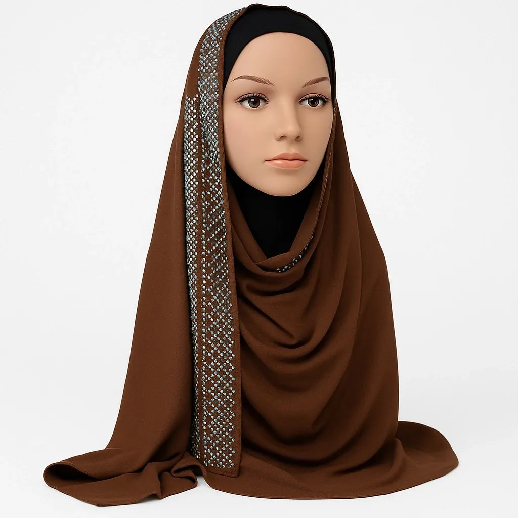 Chocolate Brown Chiffon Hijab with Rhinestones
