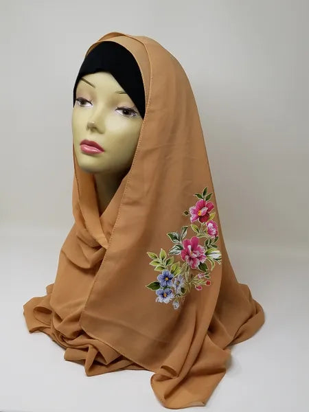 Camel Floral Print Hijab Scarf