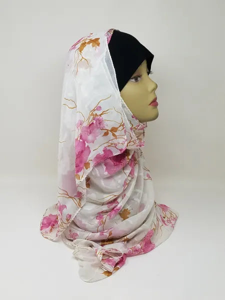 White Floral Georgette Hijab Scarf
