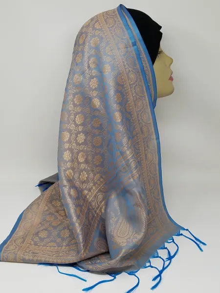 Brown Blue Pattern Hijab Scarf Fringe