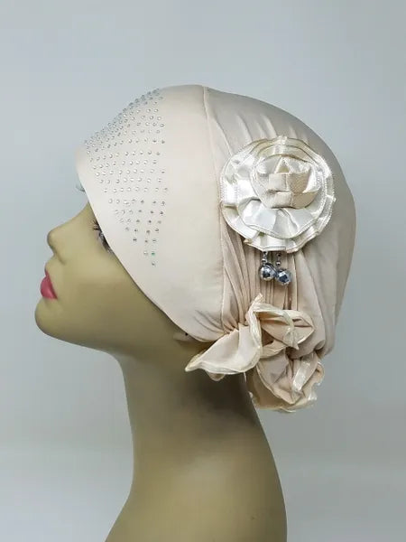 Cream Rhinestone Flower Hijab Cap