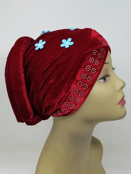 Red Velvet Pearl Rhinestone Hijab Bun Cap