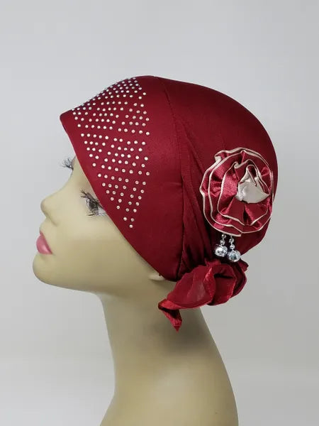 Red Rhinestone Flower Hijab Cap