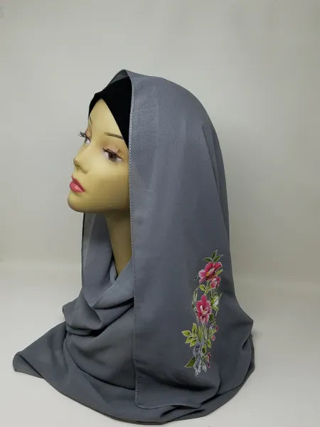 Charcoal Gray Floral Print Hijab Scarf