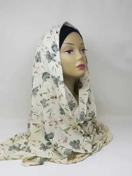 Beige Floral Print Hijab Scarf