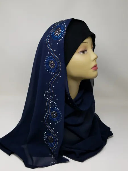 Navy Blue Rhinestone Hijab Scarf