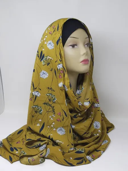 Mustard Floral Print Hijab Scarf