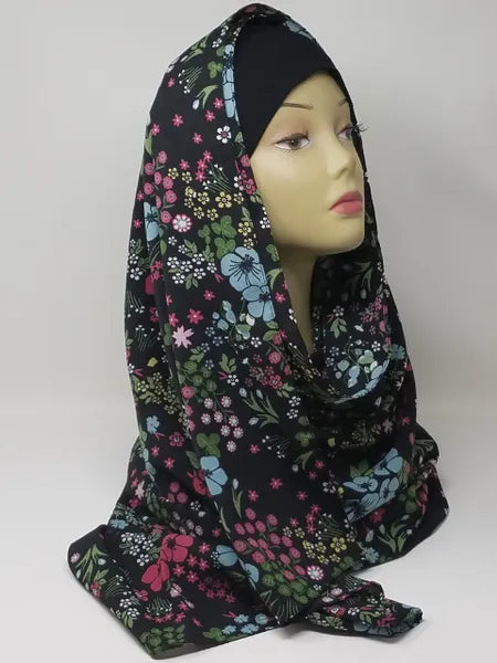 Black Pink Floral Print Hijab Scarf