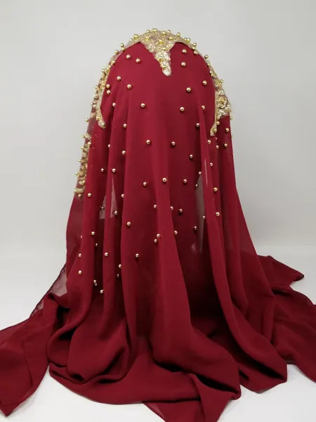 Red Gold Beaded Embroidered Scarf