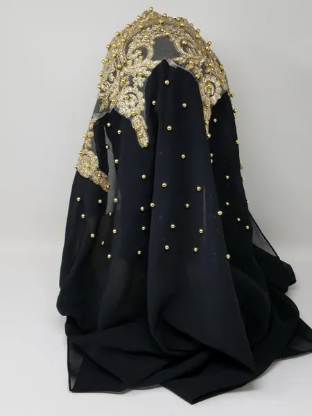 Black Gold Beaded Embroidered Hijab Scarf
