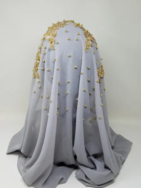 Gray Gold Beaded Embroidered Hijab Scarf