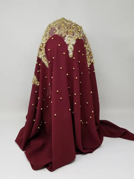 Burgundy Gold Beaded Embroidered Hijab Scarf
