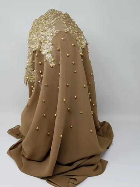 Mocha Gold Beaded Embroidered Hijab Scarf