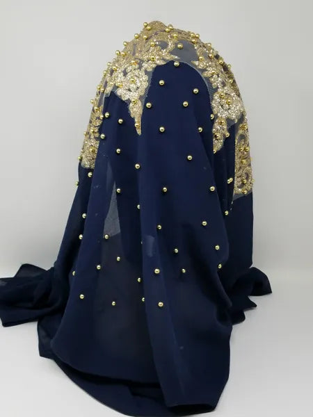 Navy Blue Gold Beaded Embroidered Hijab