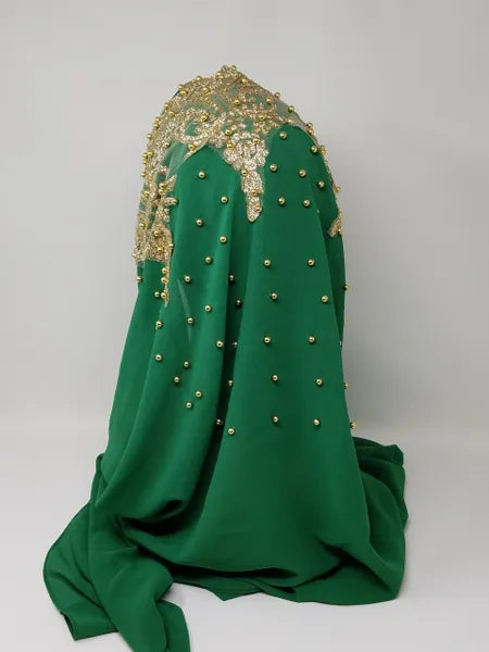 Green Gold Beaded Embroidered Hijab