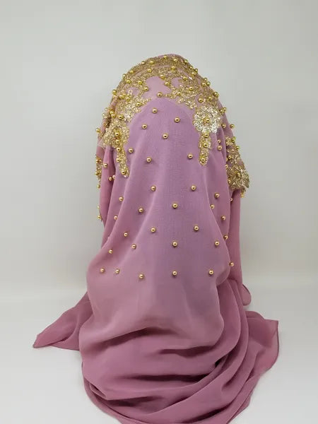 Dusty Pink Gold Beaded Embroidered Hijab