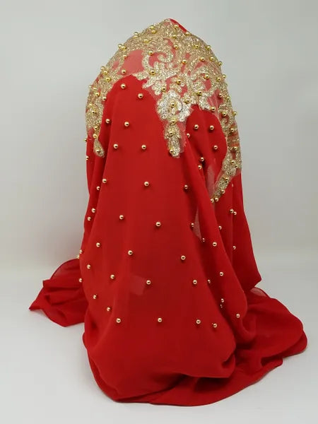 Red Gold Beaded Embroidered Hijab