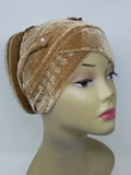 Tan Velvet Pearl Rhinestone Hijab Bun Cap