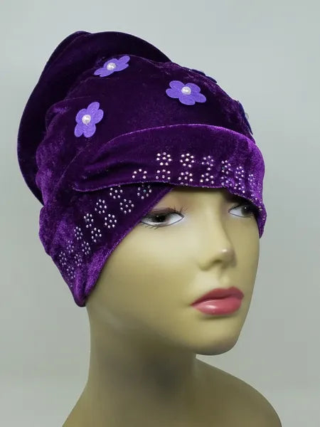 Purple Velvet Pearl Rhinestone Hijab Bun Cap