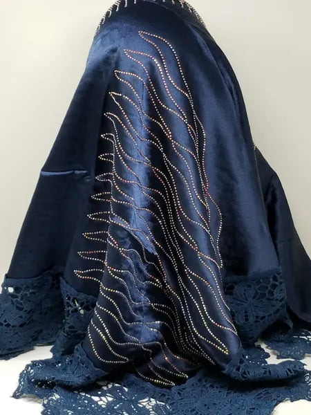 Navy Rhinestone Lace Hijab Scarf