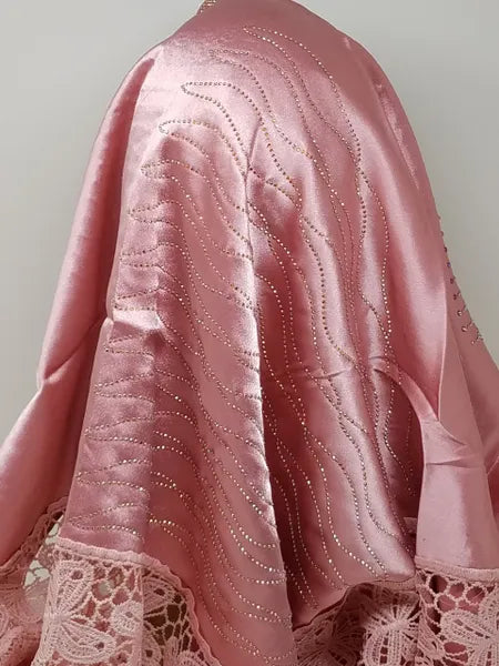 Pink Satin Hijab with Lace Trim and Rhinestones