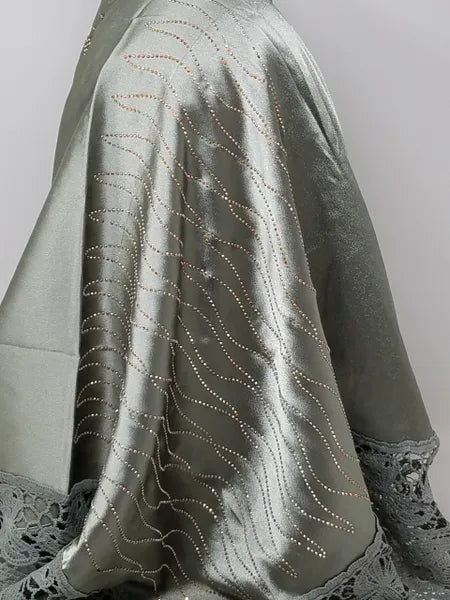 Silver Satin Hijab with Lace Trim and Rhinestones