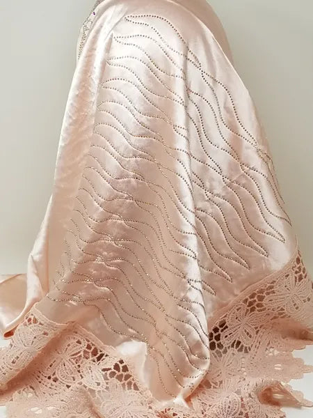 Blush Satin Hijab with Lace Trim and Rhinestones