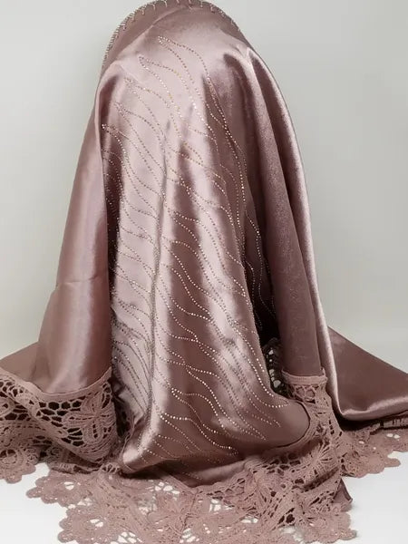 Dusty Rose Satin Hijab with Lace Trim and Rhinestones