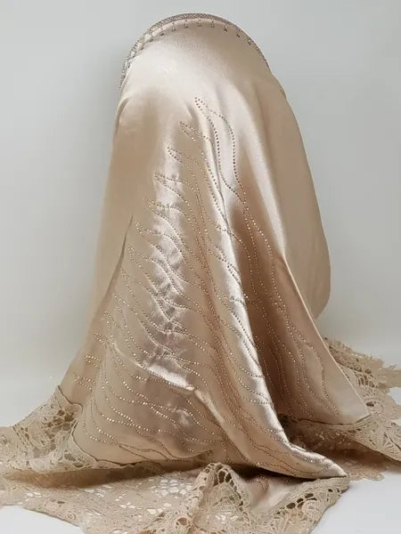 Champagne Satin Hijab with Lace Trim and Rhinestones