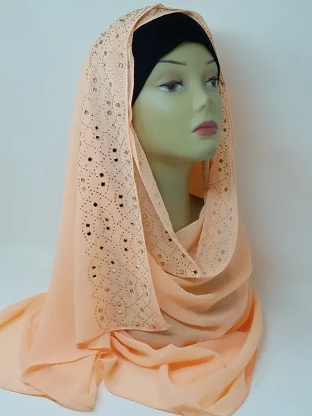 Peach Rhinestone Chiffon Hijab
