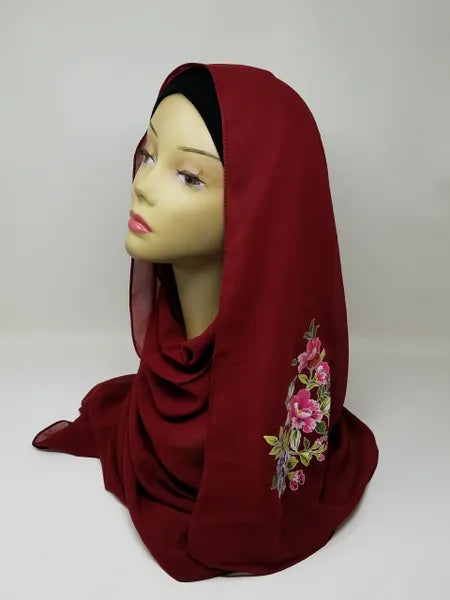Burgundy Floral Print Hijab Scarf