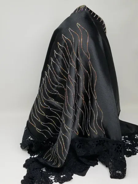 Black Satin Hijab with Lace Trim and Rhinestones