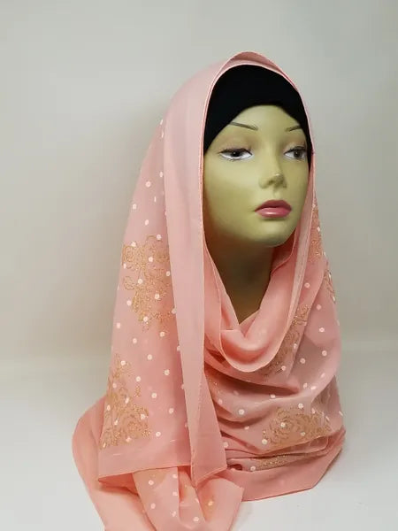 Peach Polka Dot Chiffon Hijab with Gold Flower Accents