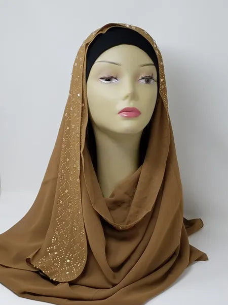 Brown Rhinestone Chiffon Hijab