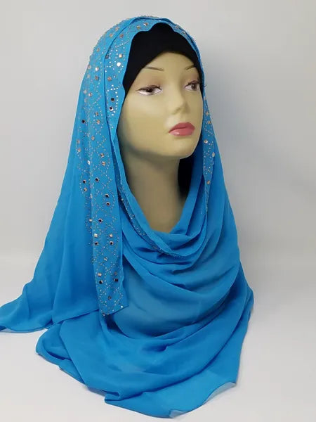 Blue Rhinestone Chiffon Hijab