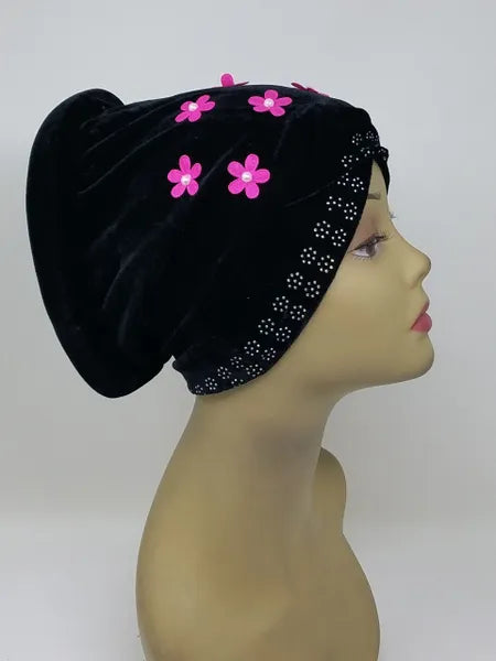 Black Velvet Pink Flower Hijab Bun Cap