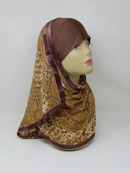 Brown Printed Attached Underscarf Hijab
