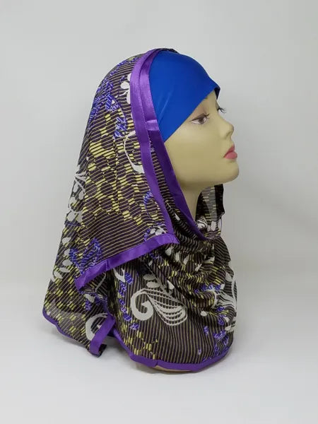 Blue Purple Printed Attached Underscarf Hijab