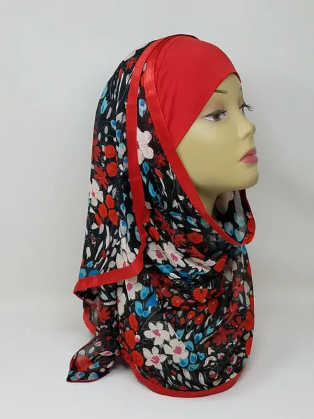 Red Floral Attached Hijab